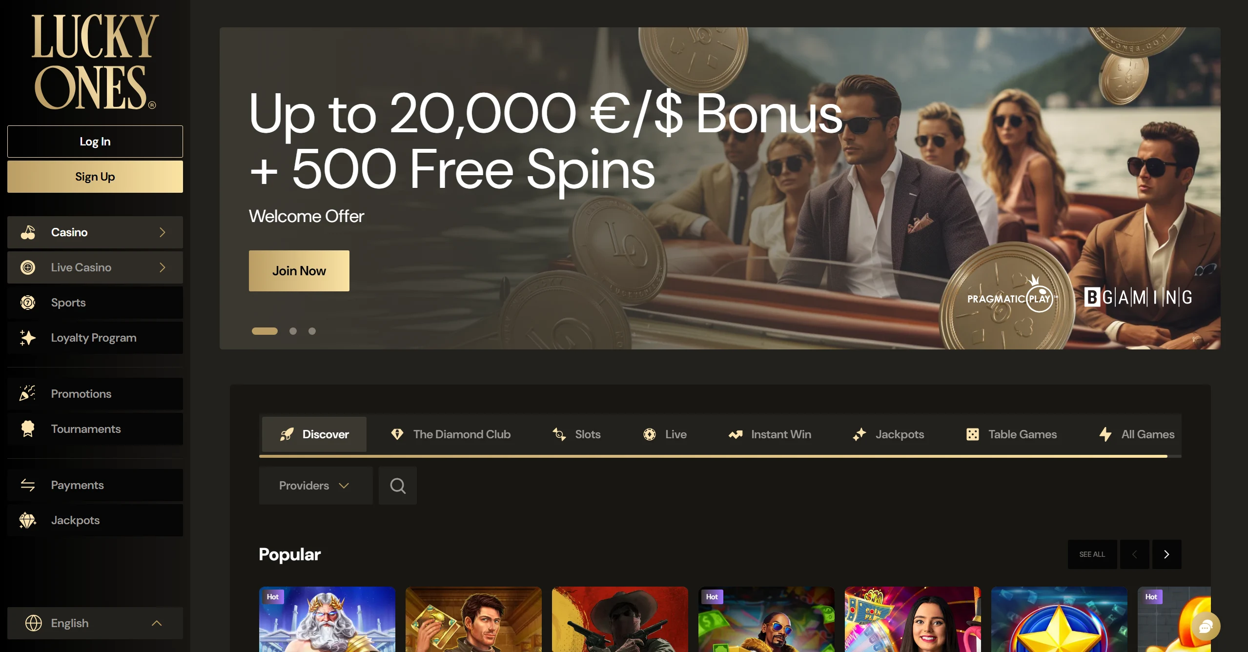 Lucky Ones frontpage with banner and popular pokies