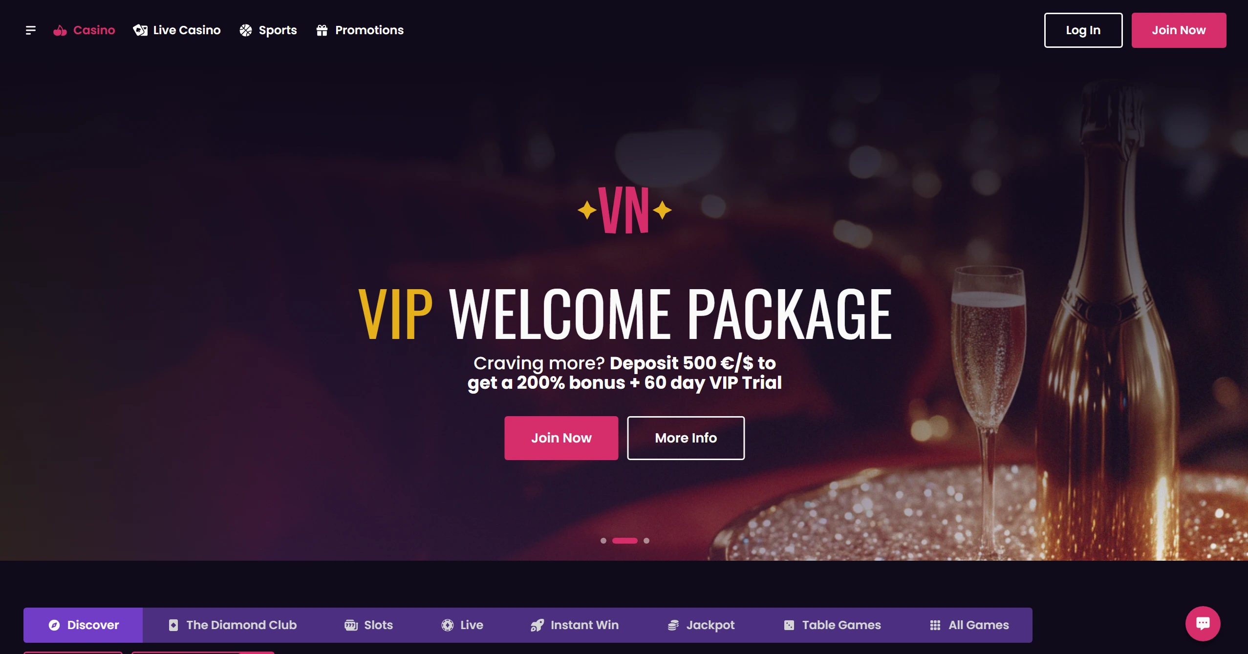 VegasNow frontpage with banner showing a VIP welcome package